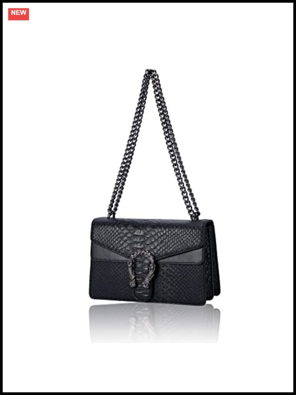 PU Leather Satchel Crossbody Bag Snake Print Chain Strap Magnetic Closure Large